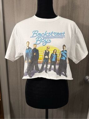 White Backstreet Boys Graphic Crop Top with Blue and Yellow Print